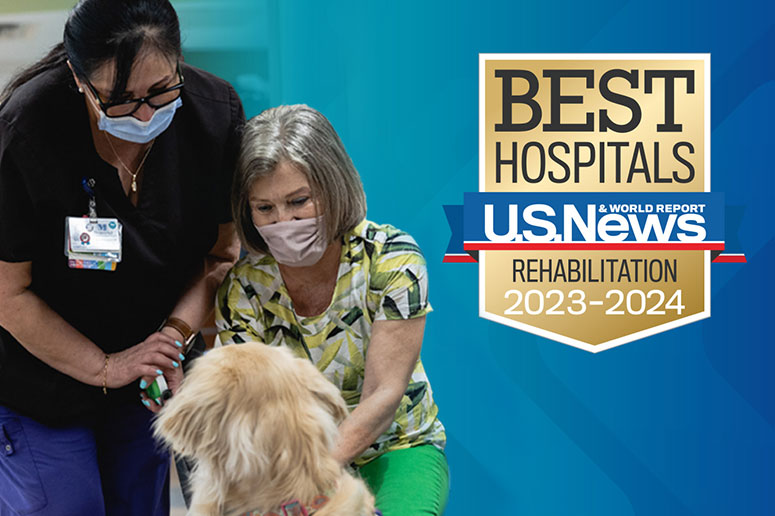 Best Hospital US NEWS 2023 badge patient interacting with Therapy dog