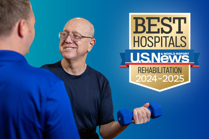 Best Hospital US NEWS 2024 badge patient lifting a dumbell